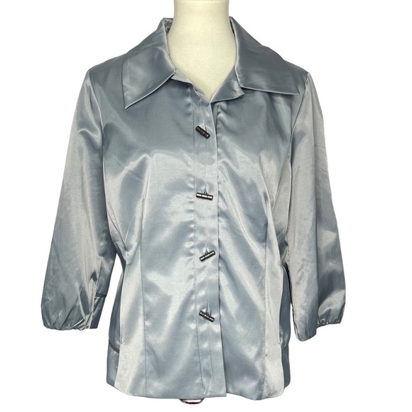 Chico’s Jacket 2‎ Womens 12 Large Silver Grey Satin Formal Party 3/4  Sleeves - Picture 1 of 12